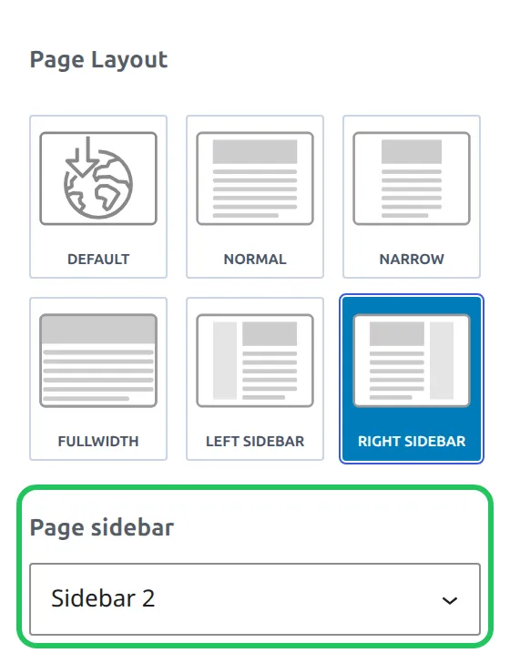 Kadence Page Settings with Right Sidebar selected and the Page sidebar dropdown set to Sidebar 2