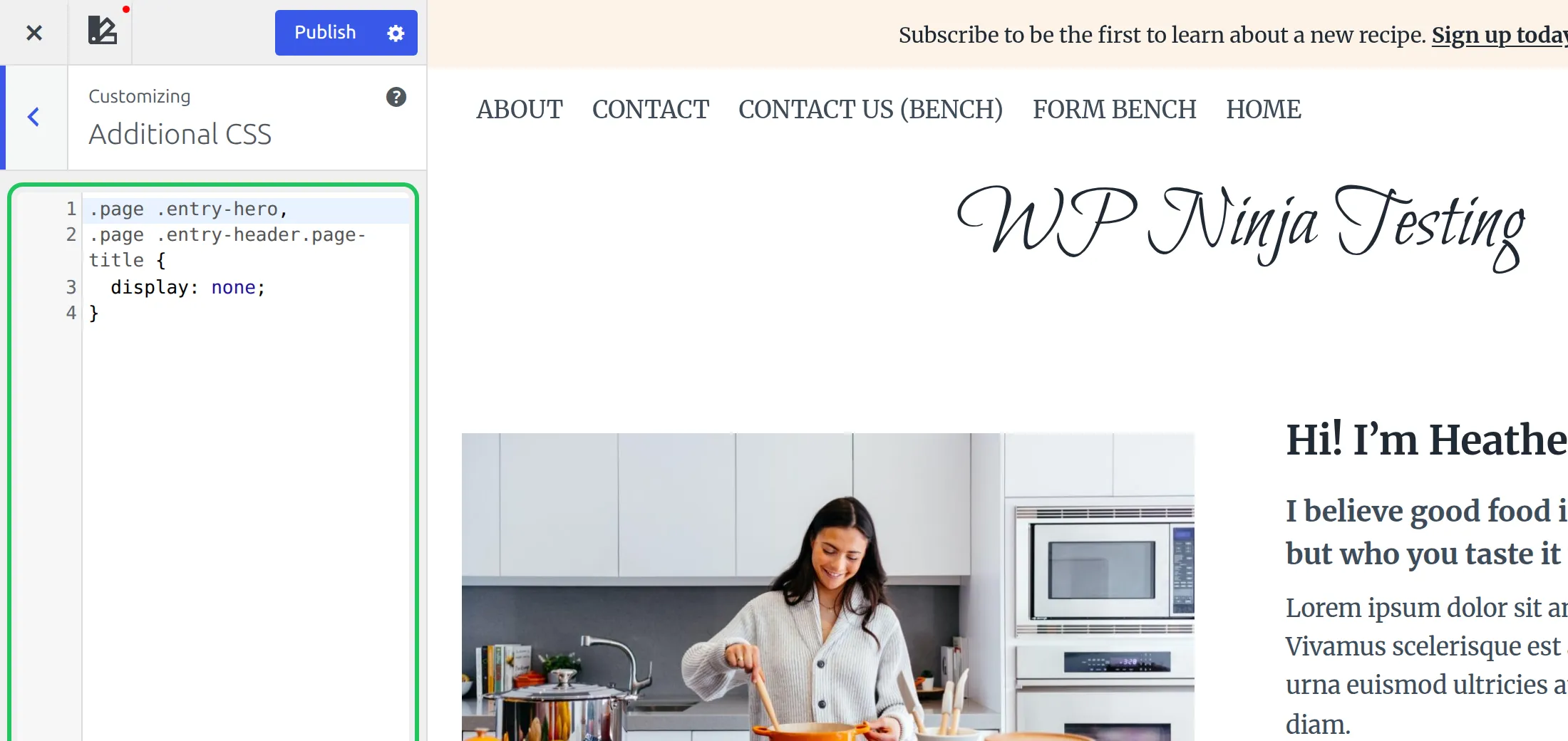 WordPress Additional CSS panel with CSS that hides the Kadence page title, and the preview showing the page without its title