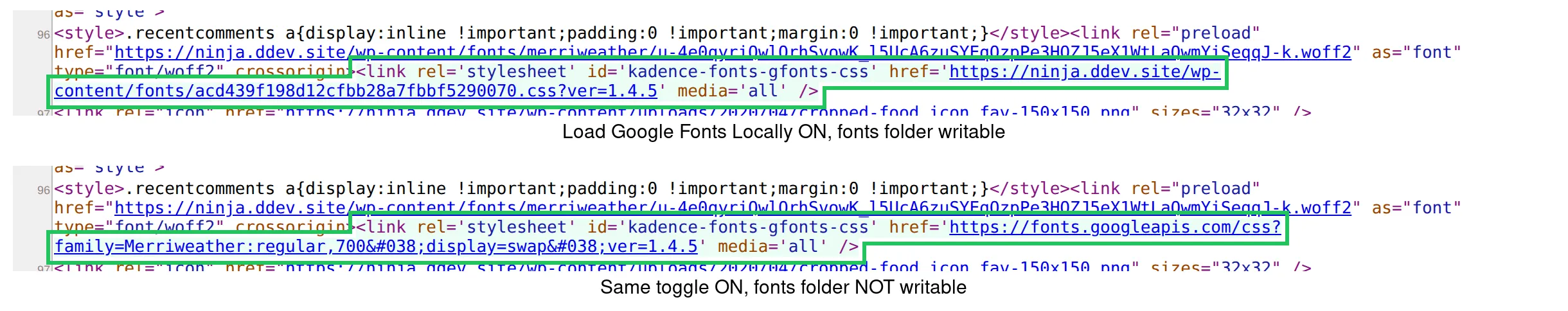 Page source comparison - with a writable fonts folder Kadence's font stylesheet loads from the site's own wp-content/fonts folder, with a locked folder the same tag loads from fonts.googleapis.com
