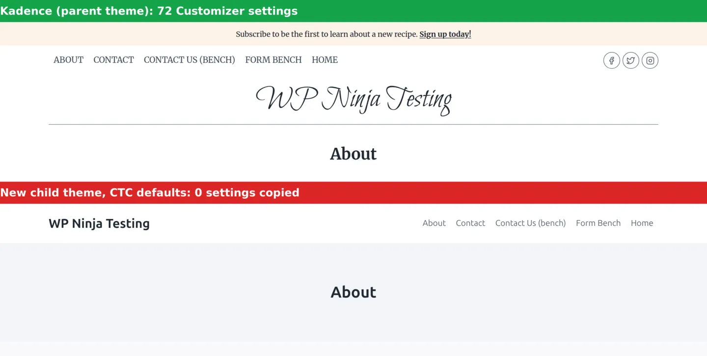 The same About page on Kadence with its 72 Customizer settings and on a new child theme made with the plugin defaults, which lost the top bar, social icons, logo font and header layout