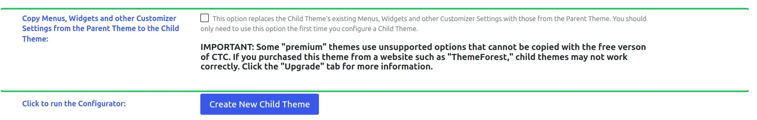 Child Theme Configurator with the Copy Menus, Widgets and other Customizer Settings from the Parent Theme to the Child Theme checkbox highlighted above the Create New Child Theme button
