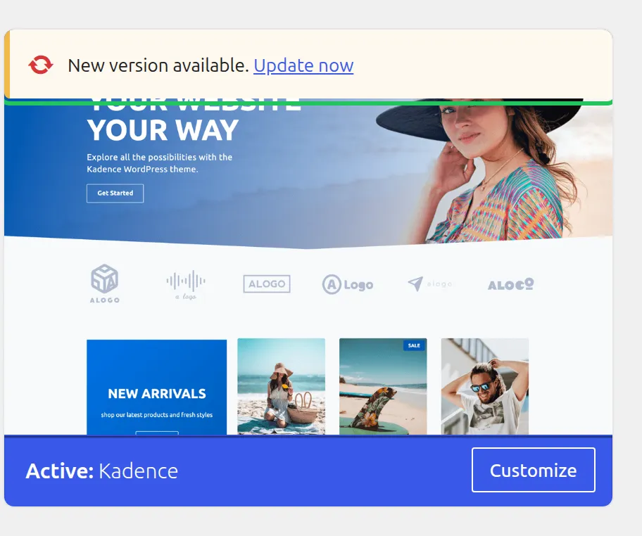 Appearance Themes screen with the active Kadence theme showing a New version available notice and an Update now link