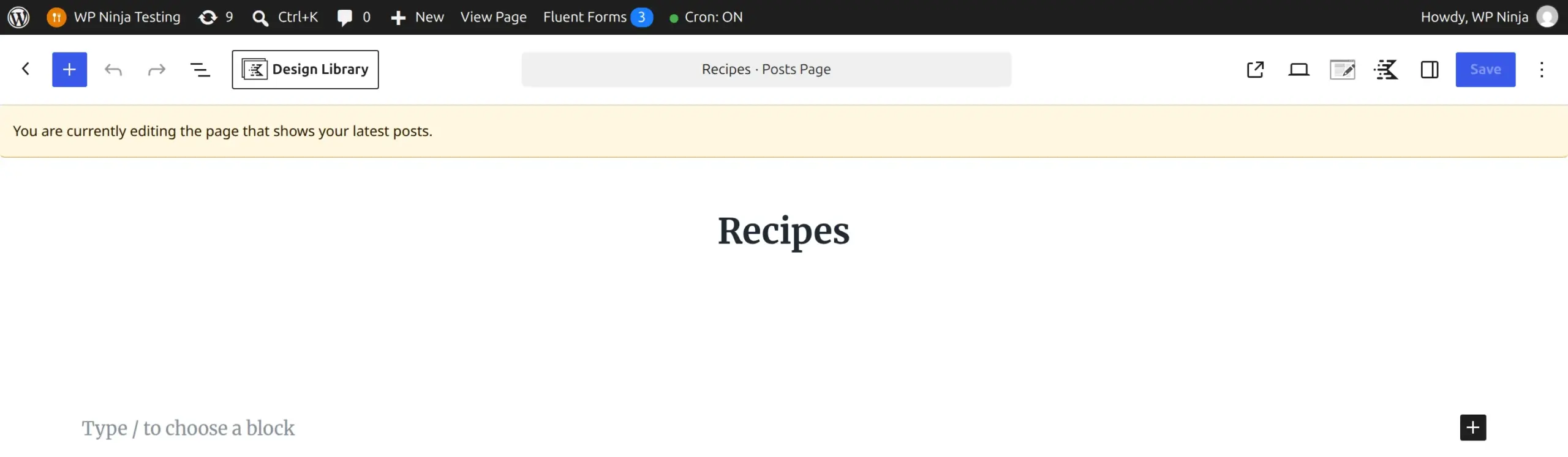 WordPress block editor showing the notice You are currently editing the page that shows your latest posts on the page set as the Posts page