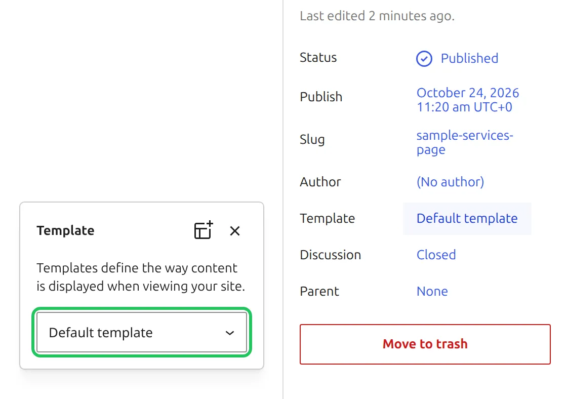 Kadence page editor Template popover with Default template selected in the dropdown