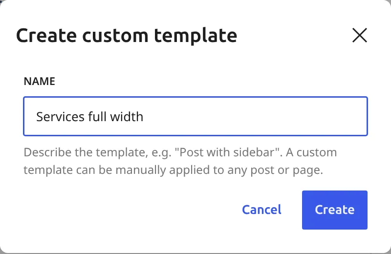 WordPress Create custom template dialog with the name Services full width filled in