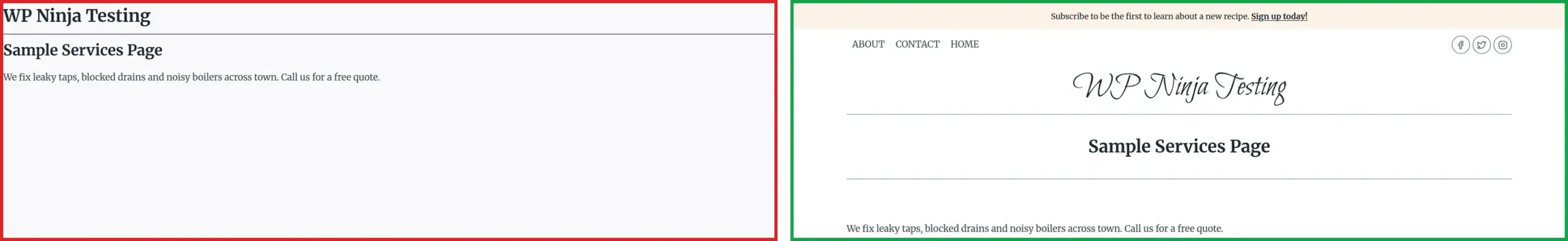The same Kadence page side by side, left with the custom block template showing a bare title and text, right with the default template showing the full Kadence header and menu