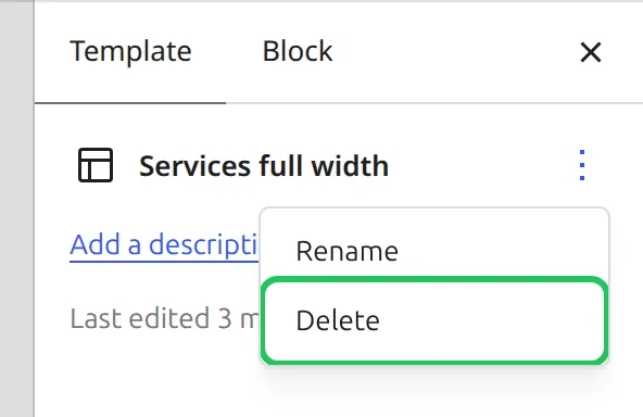 Template sidebar for the custom template with its 3-dot menu open and Delete highlighted