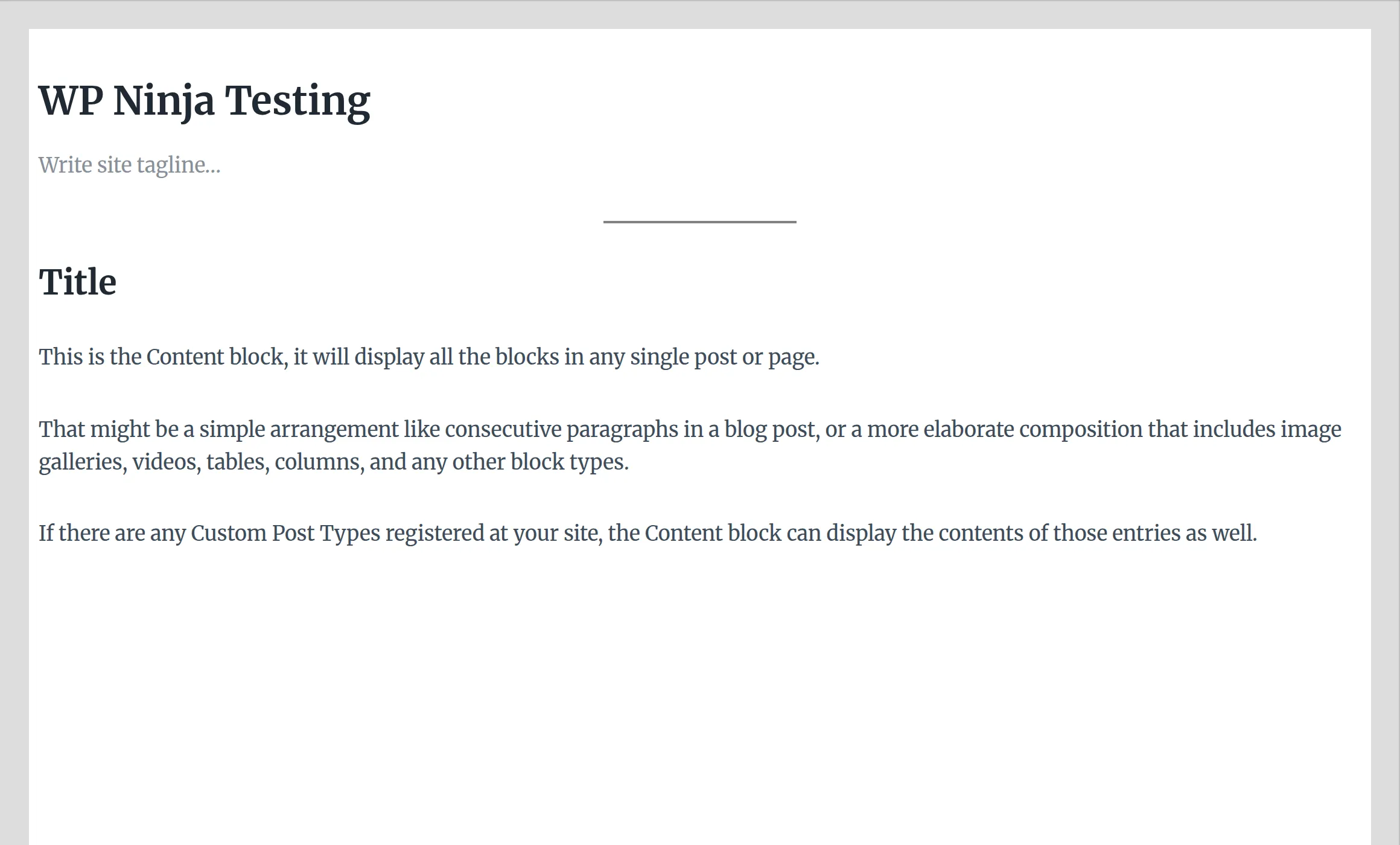 The new custom template in the template editor, showing only the site title, tagline placeholder, a separator, the title and the content block