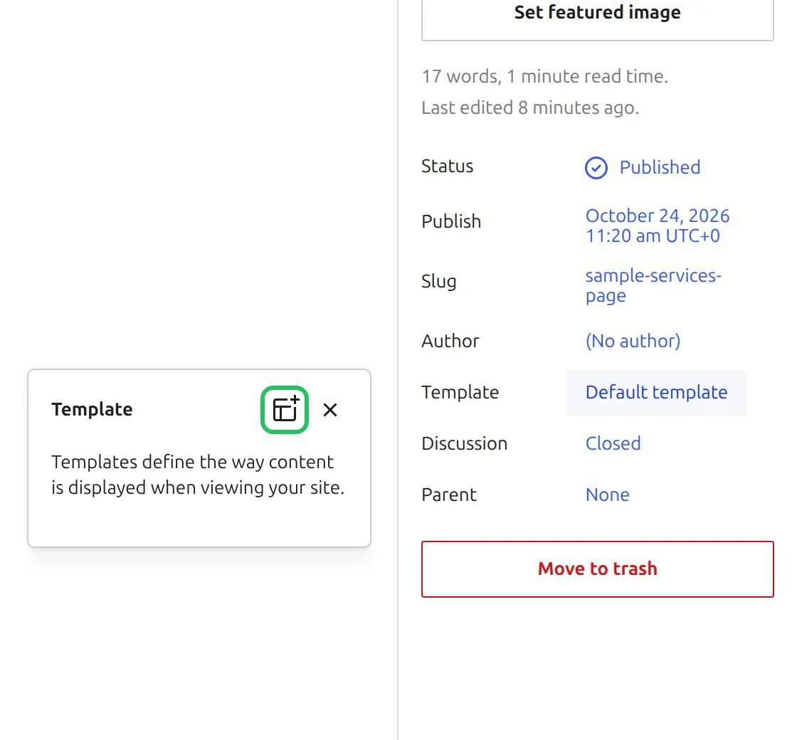WordPress 7.1 page editor on Kadence with the Template popover open and the Add template icon highlighted