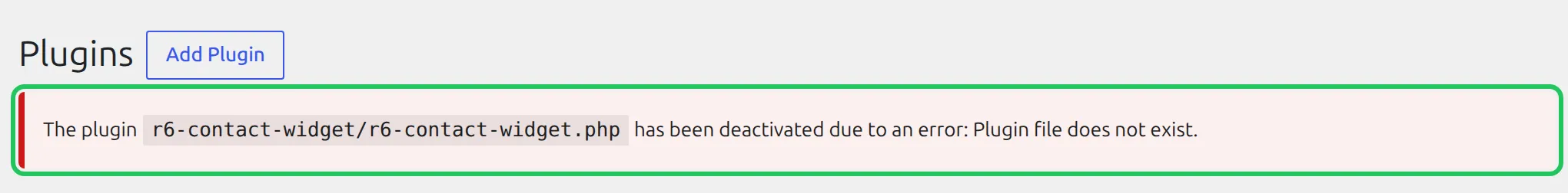 WordPress Plugins screen notice saying the plugin has been deactivated due to an error: Plugin file does not exist, after renaming its folder