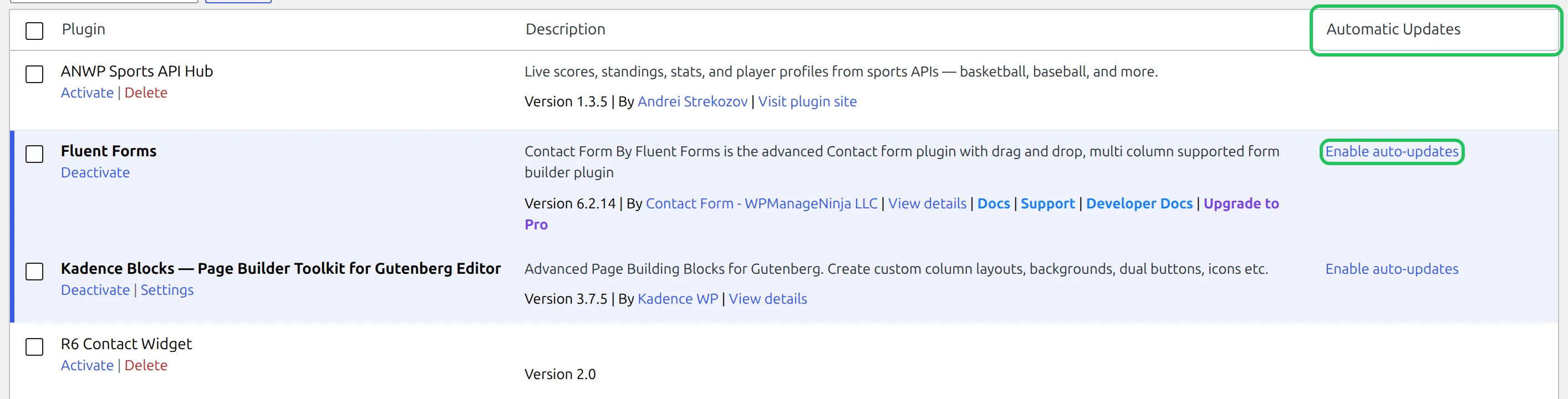 WordPress Plugins screen with the Automatic Updates column and an Enable auto-updates link highlighted