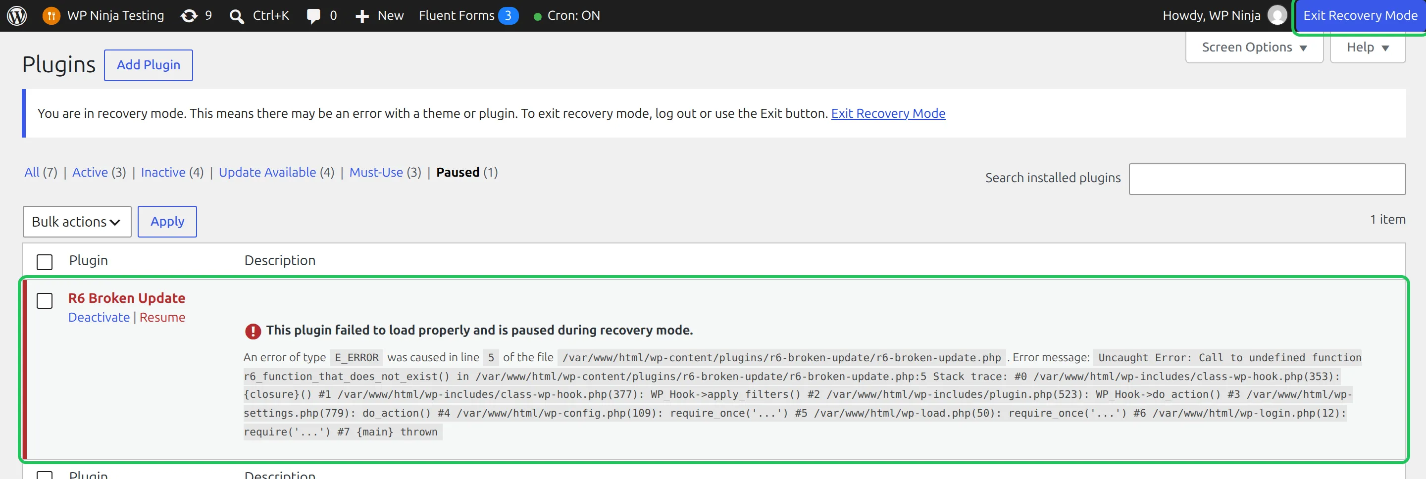 WordPress Plugins screen in recovery mode with the broken plugin paused, a Deactivate link, and Exit Recovery Mode in the admin bar