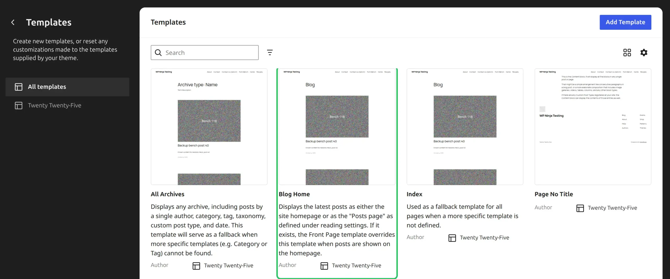 WordPress 7.1 Site Editor Templates list on Twenty Twenty-Five with the Blog Home template highlighted, where a missing Query Loop block stops blog posts showing up