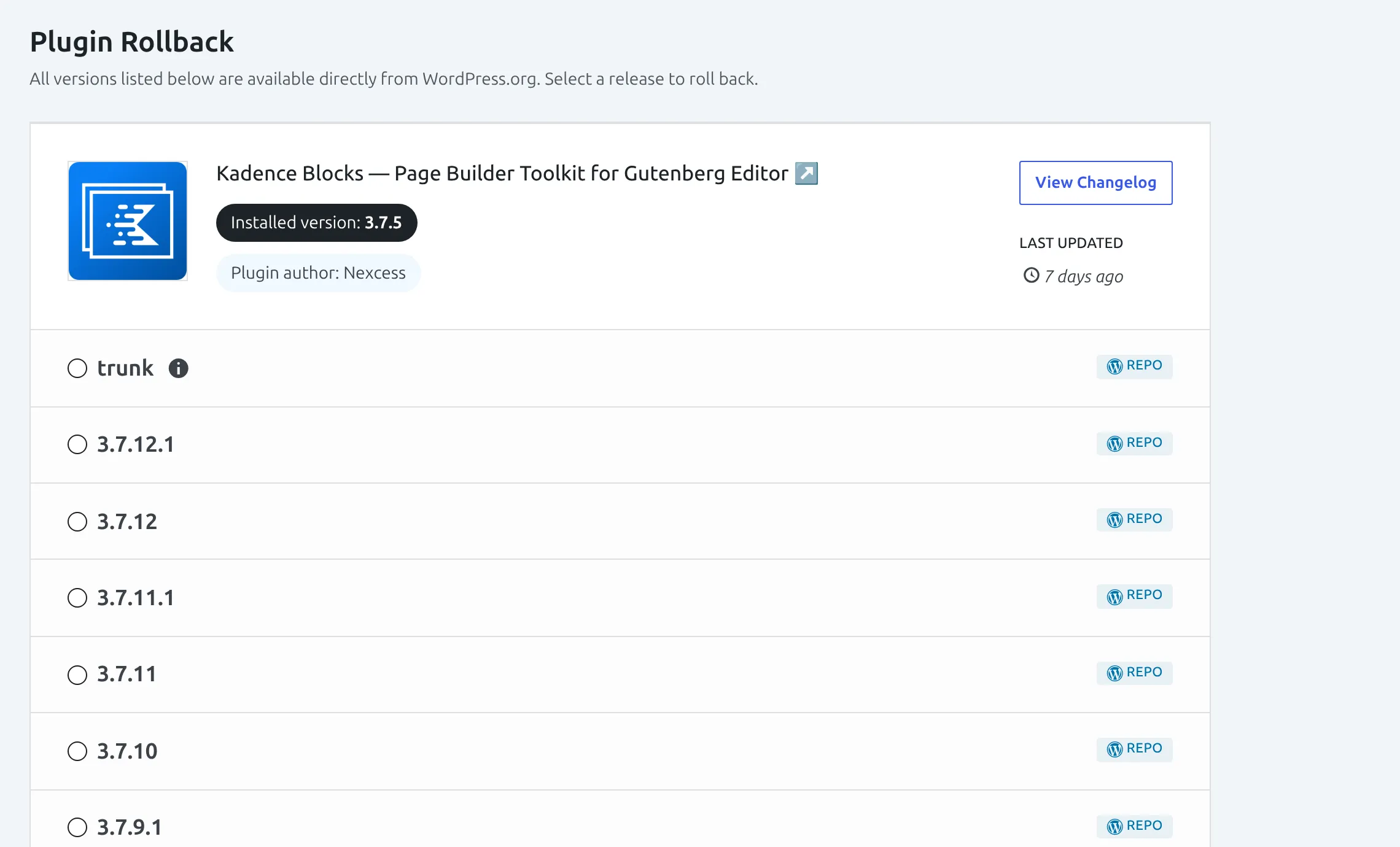 WP Rollback 3.2 Plugin Rollback screen for Kadence Blocks listing earlier versions from WordPress.org to pick from