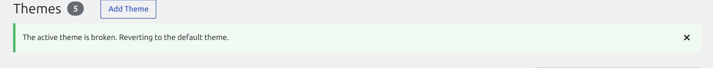 The WordPress Themes screen showing "The active theme is broken. Reverting to the default theme."